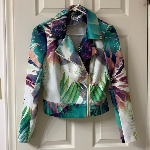 Jennifer Lopez Jackets & Blazers - Jennifer Lopez, US XS (Fits Up to US M) White & Turquoise Tropical Moto Jacket
